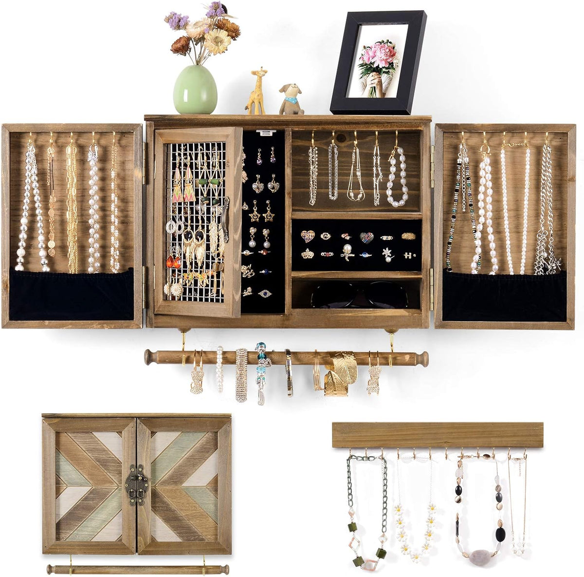 Wall Mounted Jewelry Organizer, Rustic Brown Wooden Jewelry Storage Cabinet