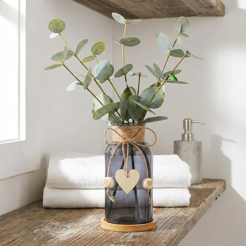 Artificial Eucalyptus Greenery Stems in Glass Vase,15" Doule Side 3D Fake Plants Eucalyptus Leaves faux Greenery for Centerpiece Table Decorations Home Room Decor office Desk Green Decor (Black)
