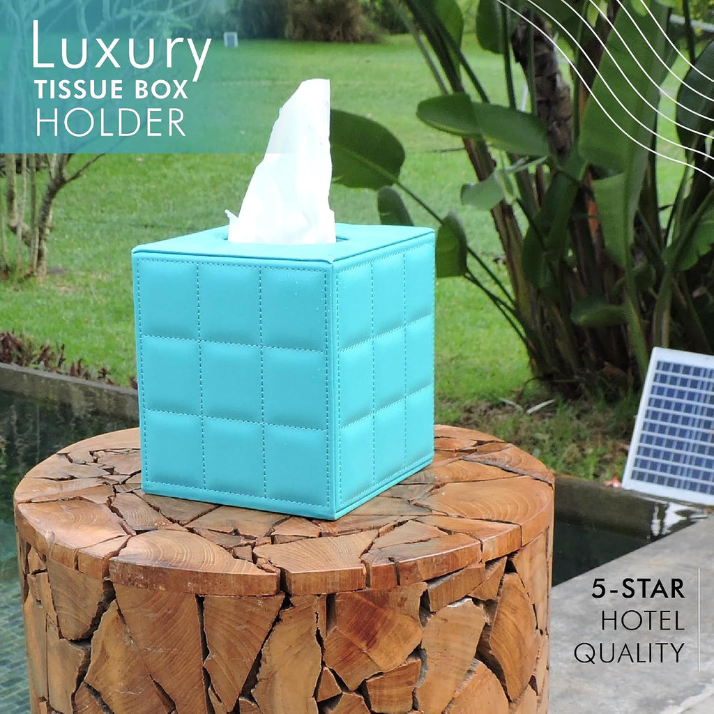 Luxury 5 Star Hotel Style Tissue Box Cover - Sturdy and Stylish Tissue Box Holder with a Custom Height and Modern PU Leather Exterior, 13.5x13.5x15cm - Teal Blue