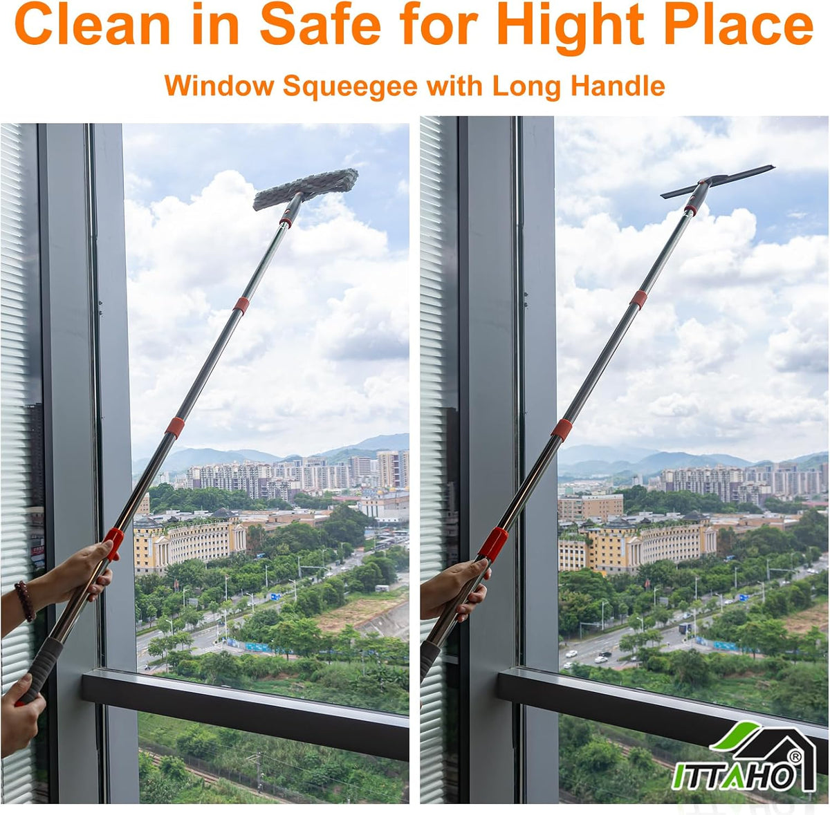 Squeegee for Window Cleaning,12" Squeegee and 11" Microfiber Scrubber Combi with Stainless Steel Pole,Extendable Window Cleaner for Car,Sliding Door,Shower Glass Door-Swivel Style-2 Pads