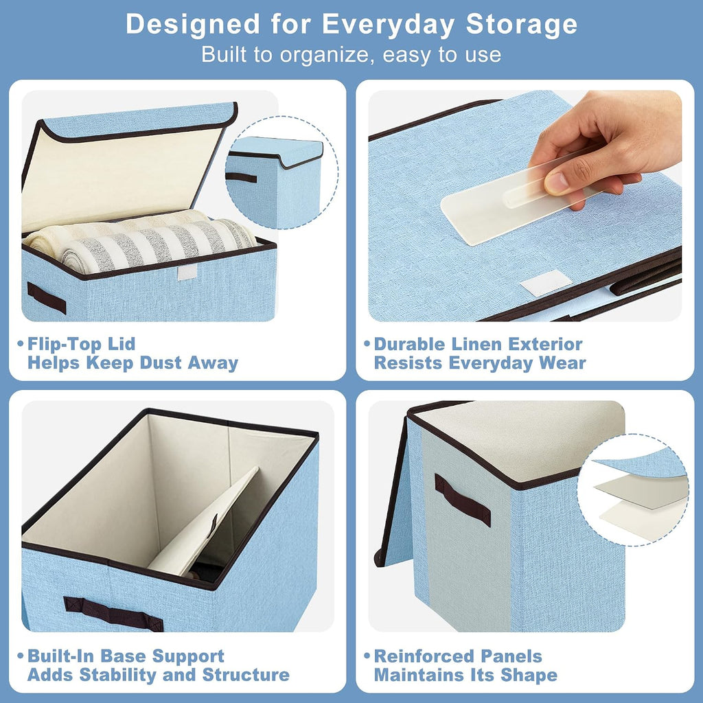Bagnizer Foldable Storage Bins with Lids, Decorative Storage Baskets, Large Storage Boxes for Home, Office, Bedroom, Closet, Blue, Medium, 4 Pack 14.6 x 9.5 x 9.5”