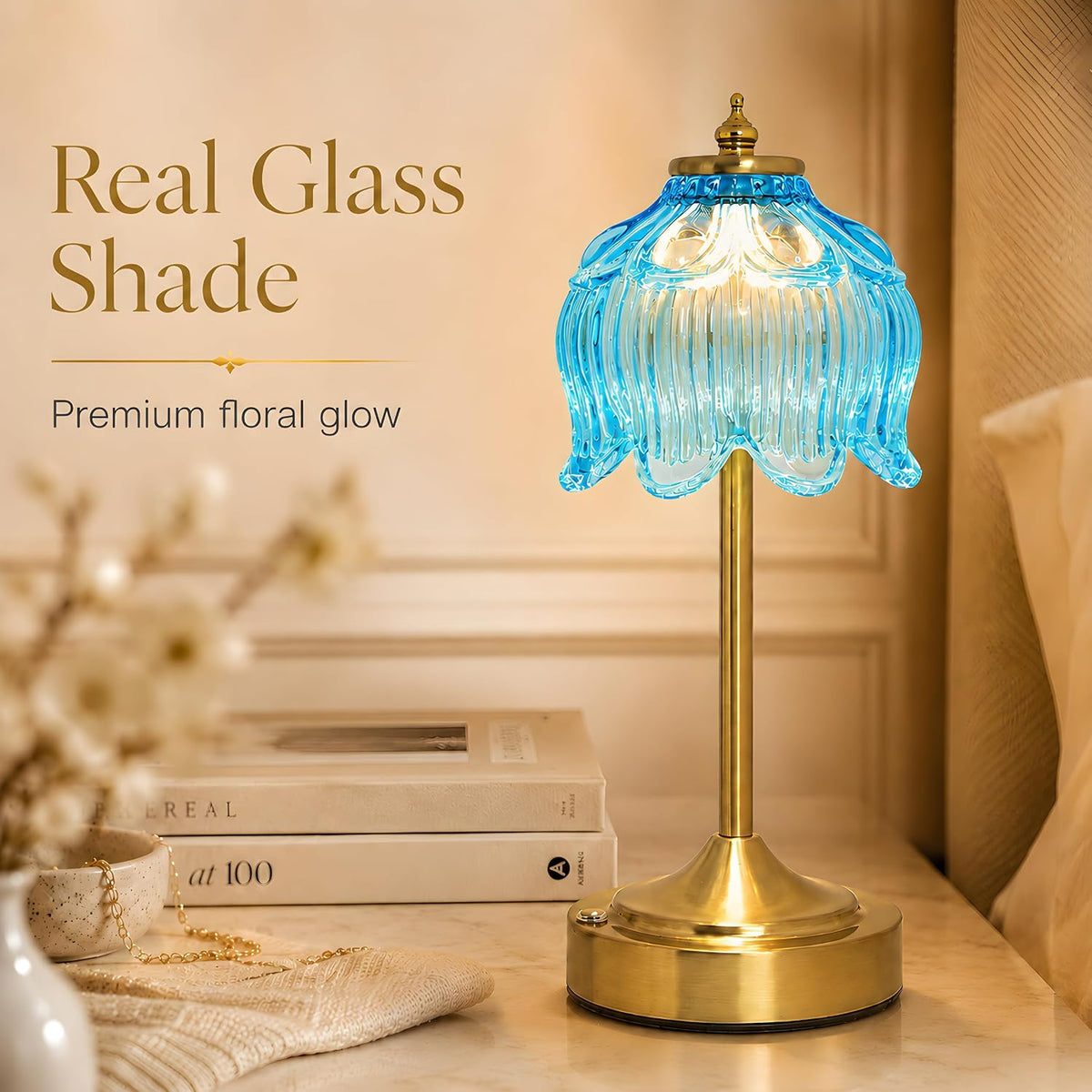 Lotus Flower Table Lamp, Cordless Rechargeable Amber Glass Bedside Lamp | 3600mAh Battery, Touch Control, 3 Color Modes & Stepless Dimming for Bedroom, Nightstand Lake Blue 2PC