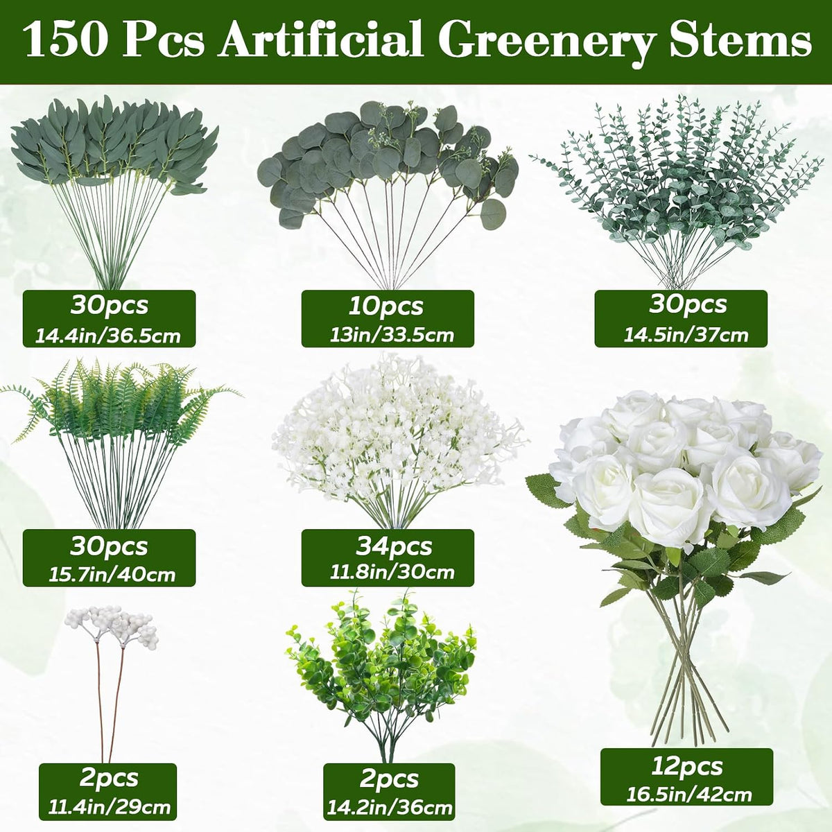 GTIDEA 150 Pcs 8 Kinds Mixed Eucalyptus Greenery Stems Flowers Bulk