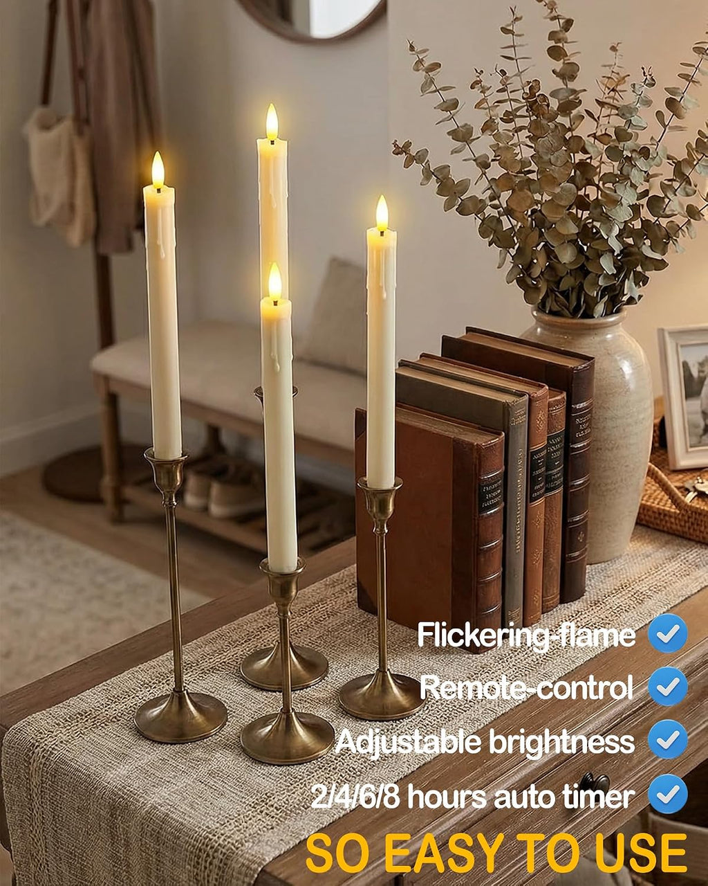 Gmnee 9.6" Taper Rechargeable Candles with Remote and Timer, Ivory