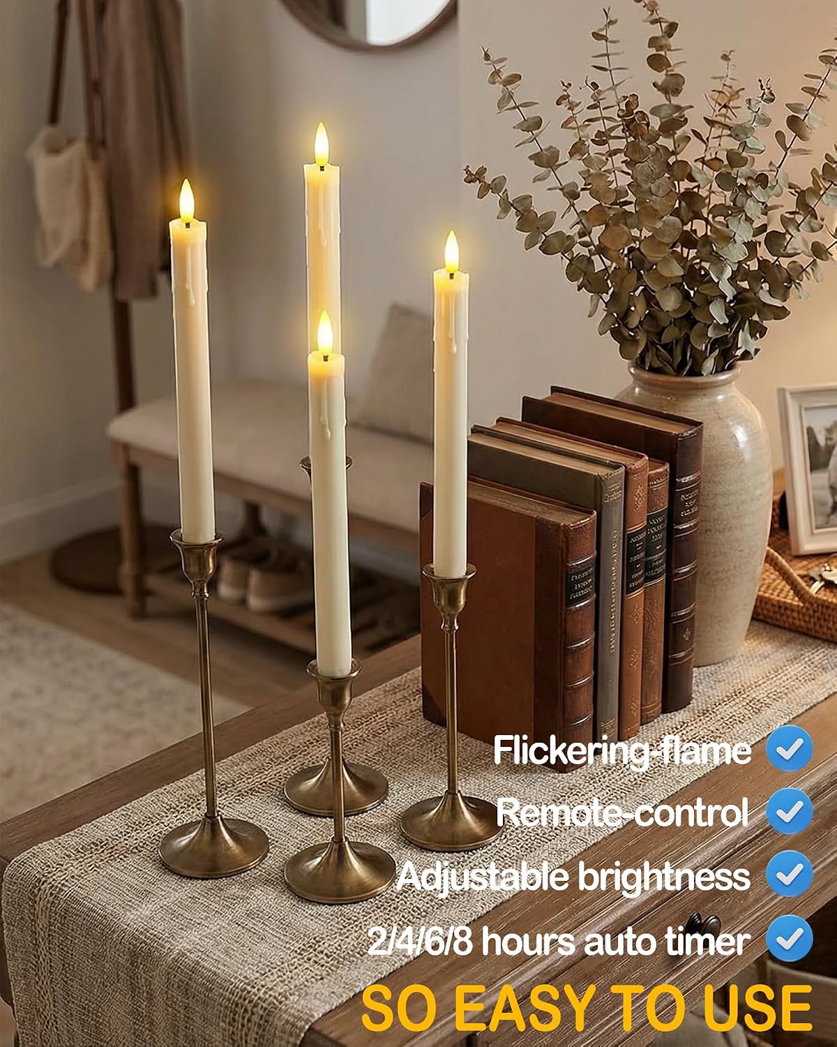 Gmnee 9.6" Taper Rechargeable Candles with Remote and Timer, Ivory