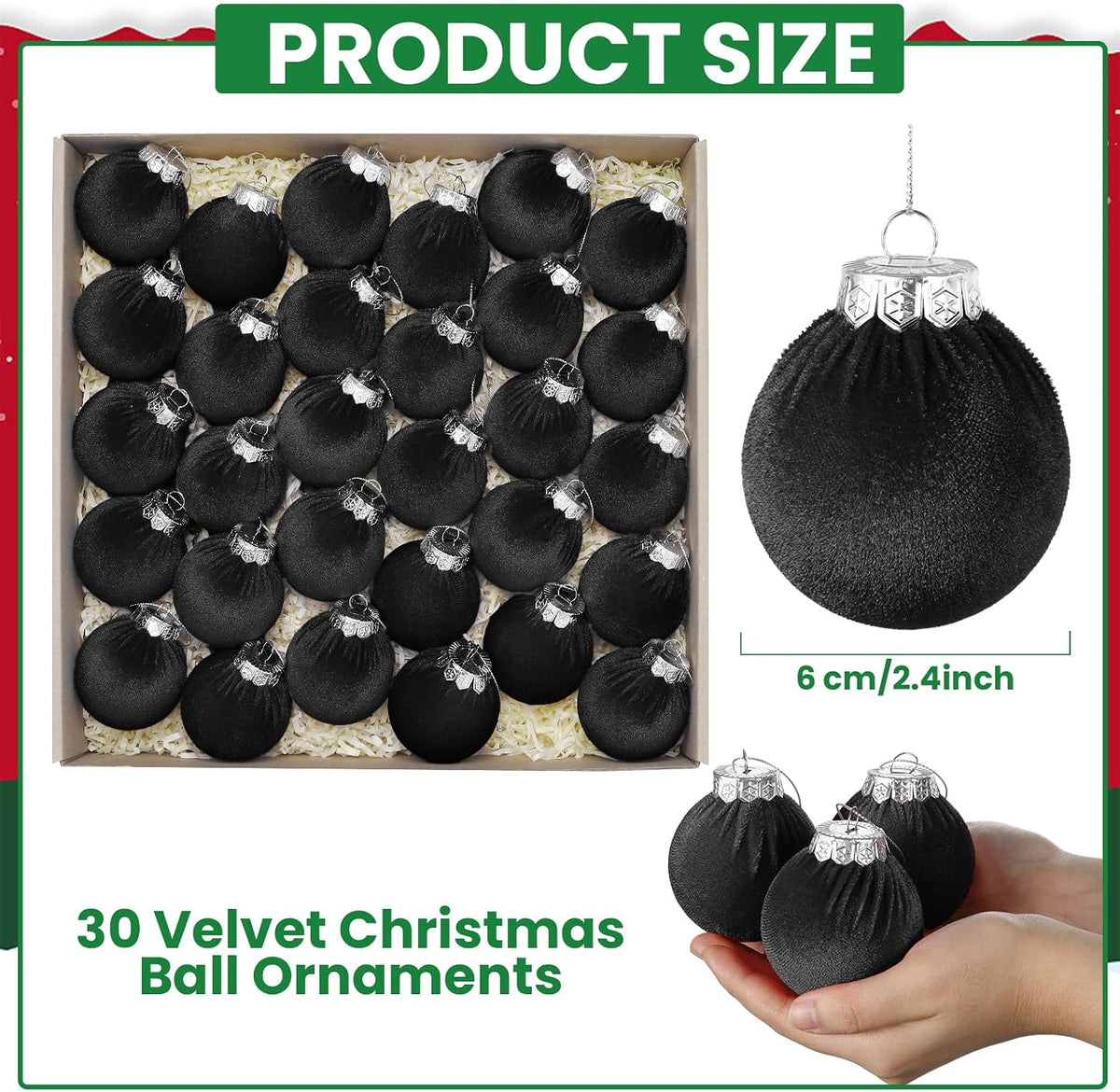 Velvet Christmas Balls Set 30pcs Black Velvet Christmas Tree Ornaments Shatterproof Xmas Hanging Balls Decorative Hanging for Xmas Holiday Family Home Store Indoor Decor 2.4inch