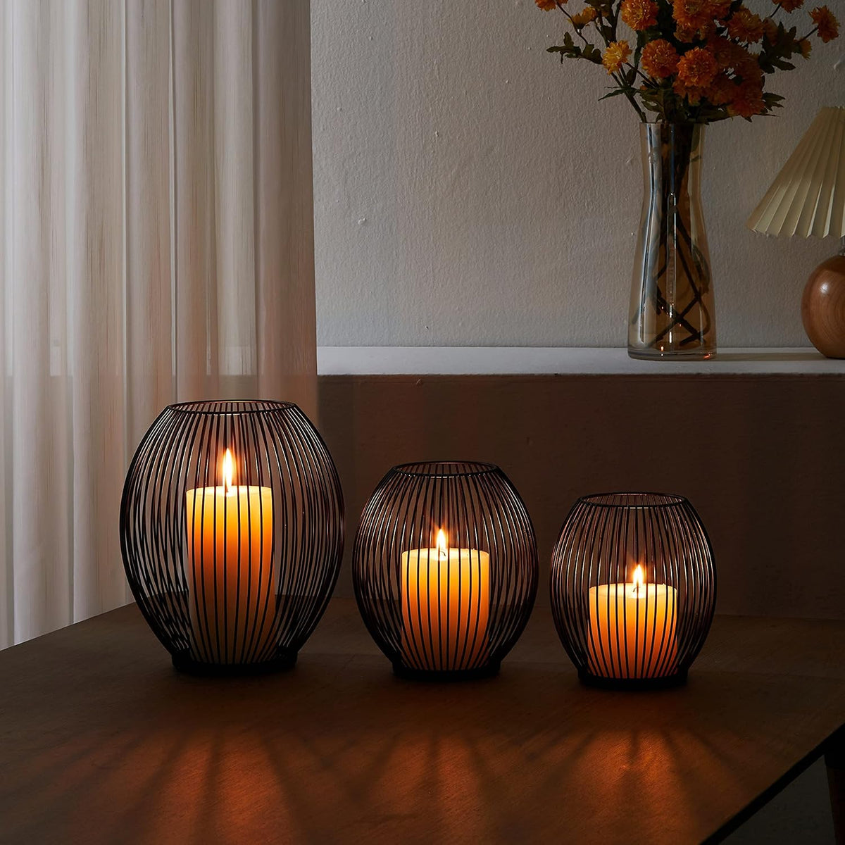 OLEEK Outdoor Candle Holder Decor Set - Black Candle Holder - Candles Holders for Table Centerpiece - Hurricane Candles Holder for Pillar Candles Cage Candle Holders Black Wire Decorative