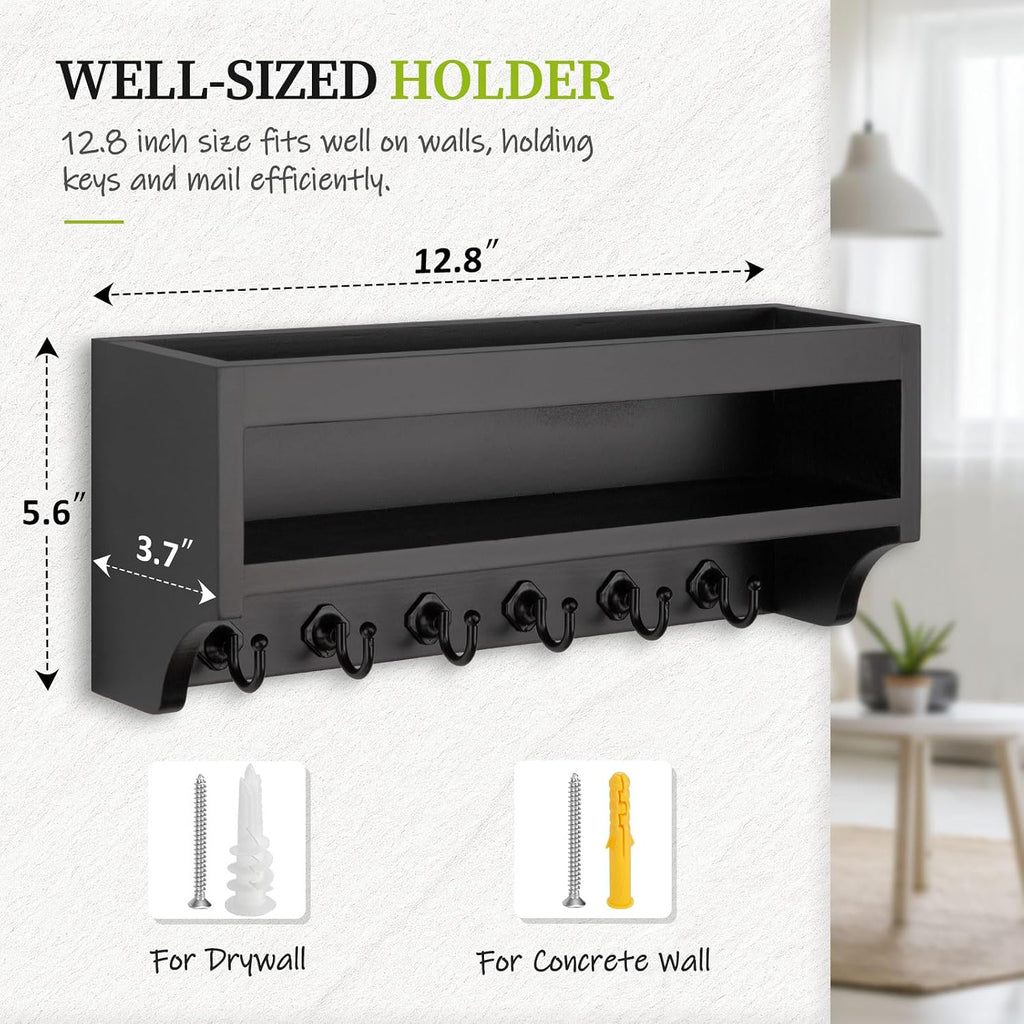 Nekon Key Holder Wall Mount, Pine Wooden Mail Organizer, Black