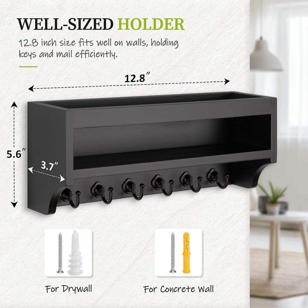 Nekon Key Holder Wall Mount, Pine Wooden Mail Organizer, Black