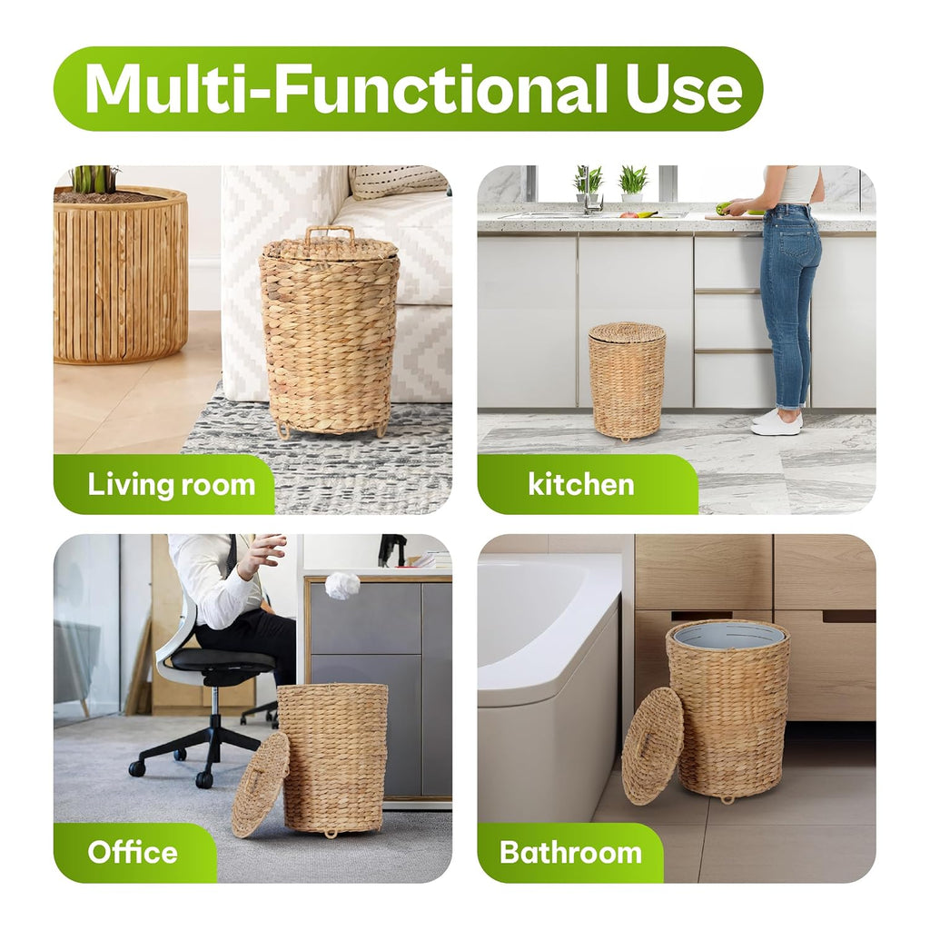Bathroom Trash Can with Lid Set of 2 (3 Gallon & 1.5 Gallon), Wicker Wastebasket with Liner & Raised Feet, Handwoven Water Hyacinth Decorative Trash Can for Bedroom, Office, Living Room