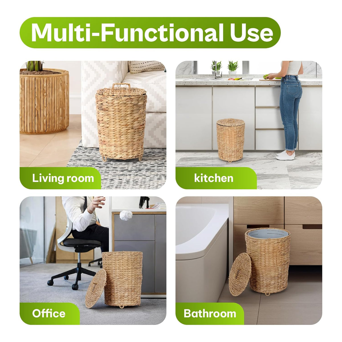 Bathroom Trash Can with Lid Set of 2 (3 Gallon & 1.5 Gallon), Wicker Wastebasket with Liner & Raised Feet, Handwoven Water Hyacinth Decorative Trash Can for Bedroom, Office, Living Room