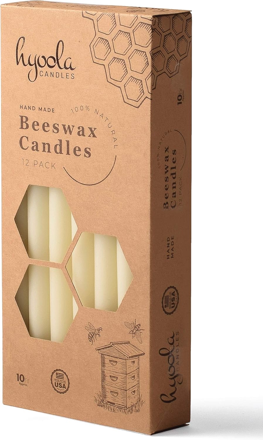 Hyoola 10" Beeswax Taper Candles 12 Pack - Handmade, All Natural, 100% Pure Unscented Bee Wax Candle - Tall, Decorative, White - 10 Hour Burn Time