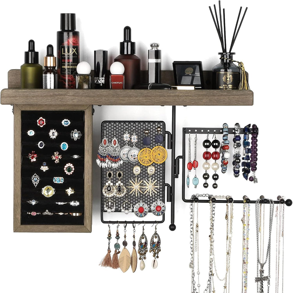 SOLIMINTR Hanging Jewelry Organizer Wall Mount Holder with Rustic Wood Shelf, Ring Display Box, Ear Studs Earring Holder, Rotating Necklace for Gothic Goth Accessories