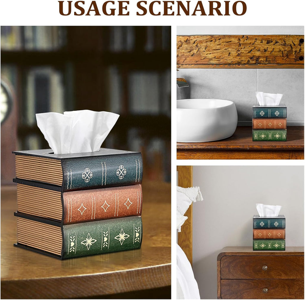 Antique Wooden Book Tissue Holder, Decorative Square Tissue Cover
