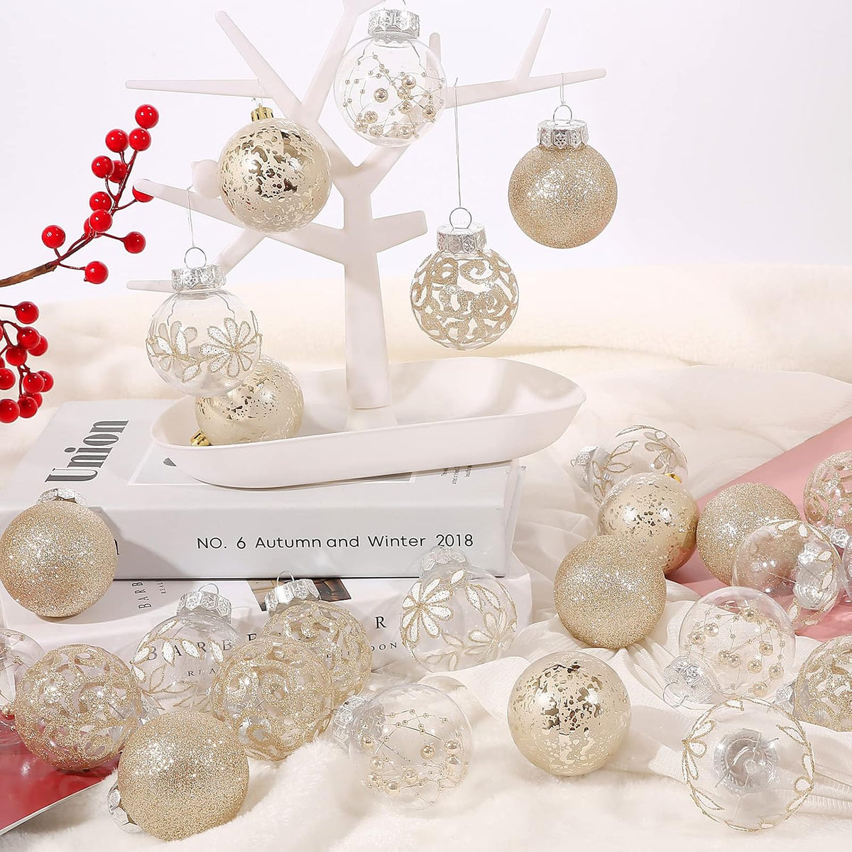 2.36" Clear Christmas Ornaments Set, 30ct Champagne Christmas Ornament Ball