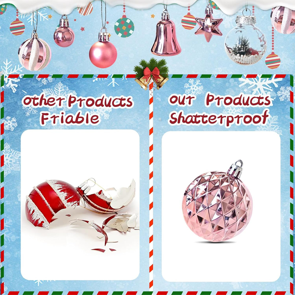 111-Pack Christmas Balls Ornaments,Assorted Shatterproof Pink Christmas Ornaments Set, Luxurious Hanging Pendants Package for Tree Party Holiday Indoor Decor