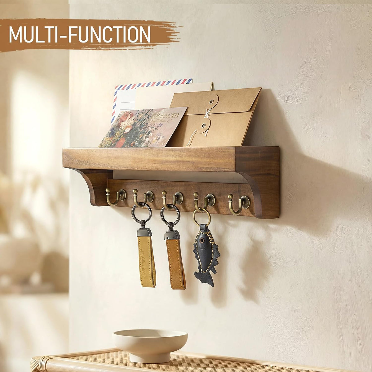 Rebee Vision Acacia Wood Key Holder Wall Mount for Room Decor, Brown