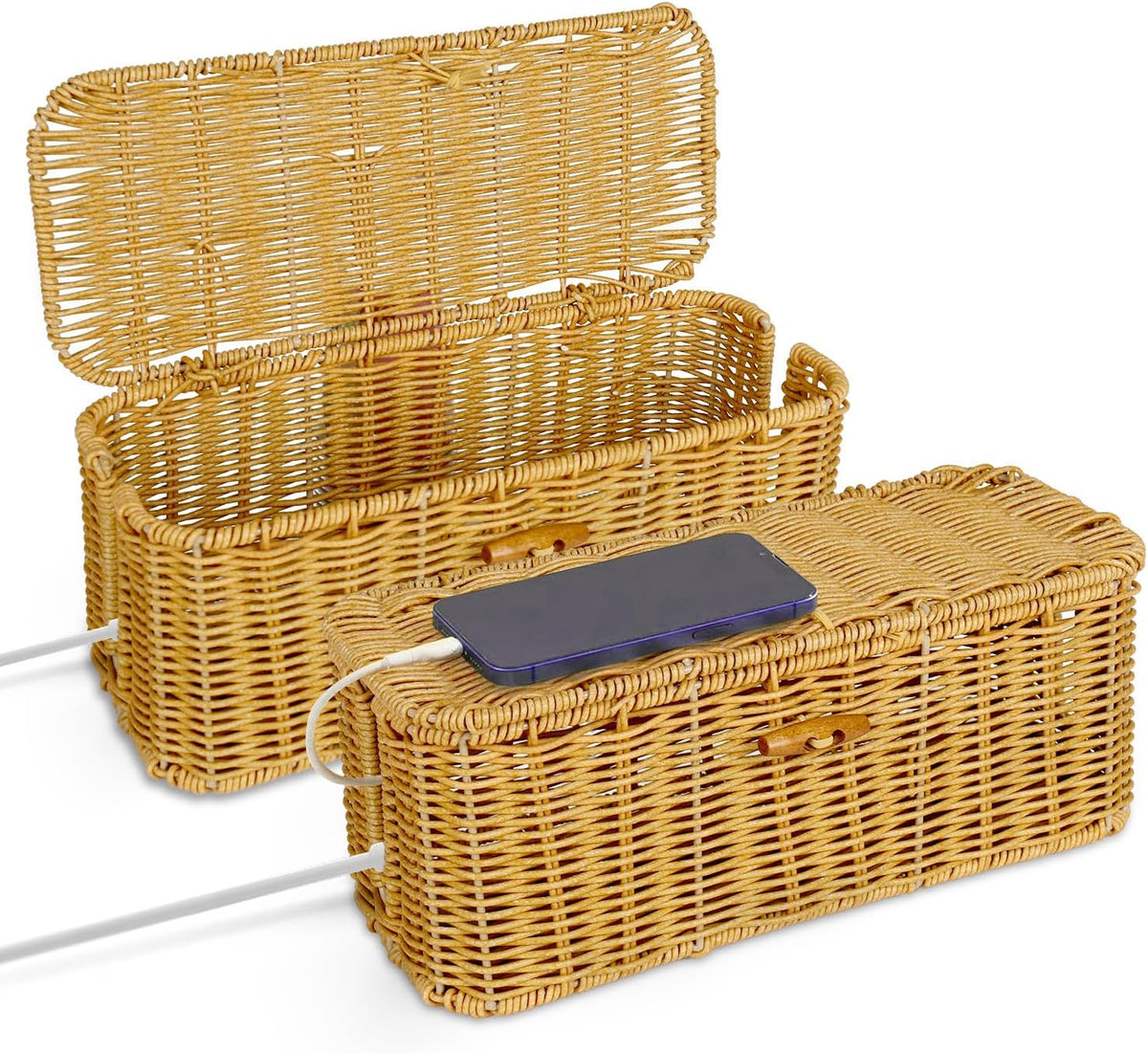 2 Pcs Handwoven Rattan Cable Management Box,Cord Organizer Box with Lid,Open-Slot Cord Hiding Basket,Decorative Storage Box for Hiding Computers, Tv, Power Sockets, USB Hubs