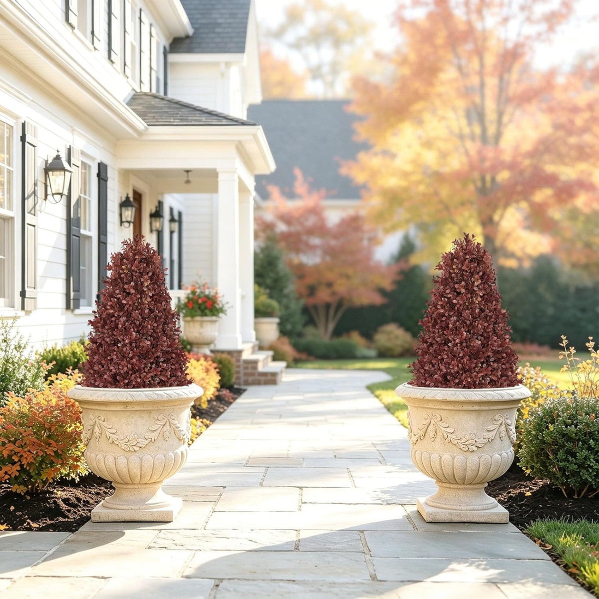 30" Artificial Boxwood Plants Outdoor, Fall Topiary Trees Set of 2