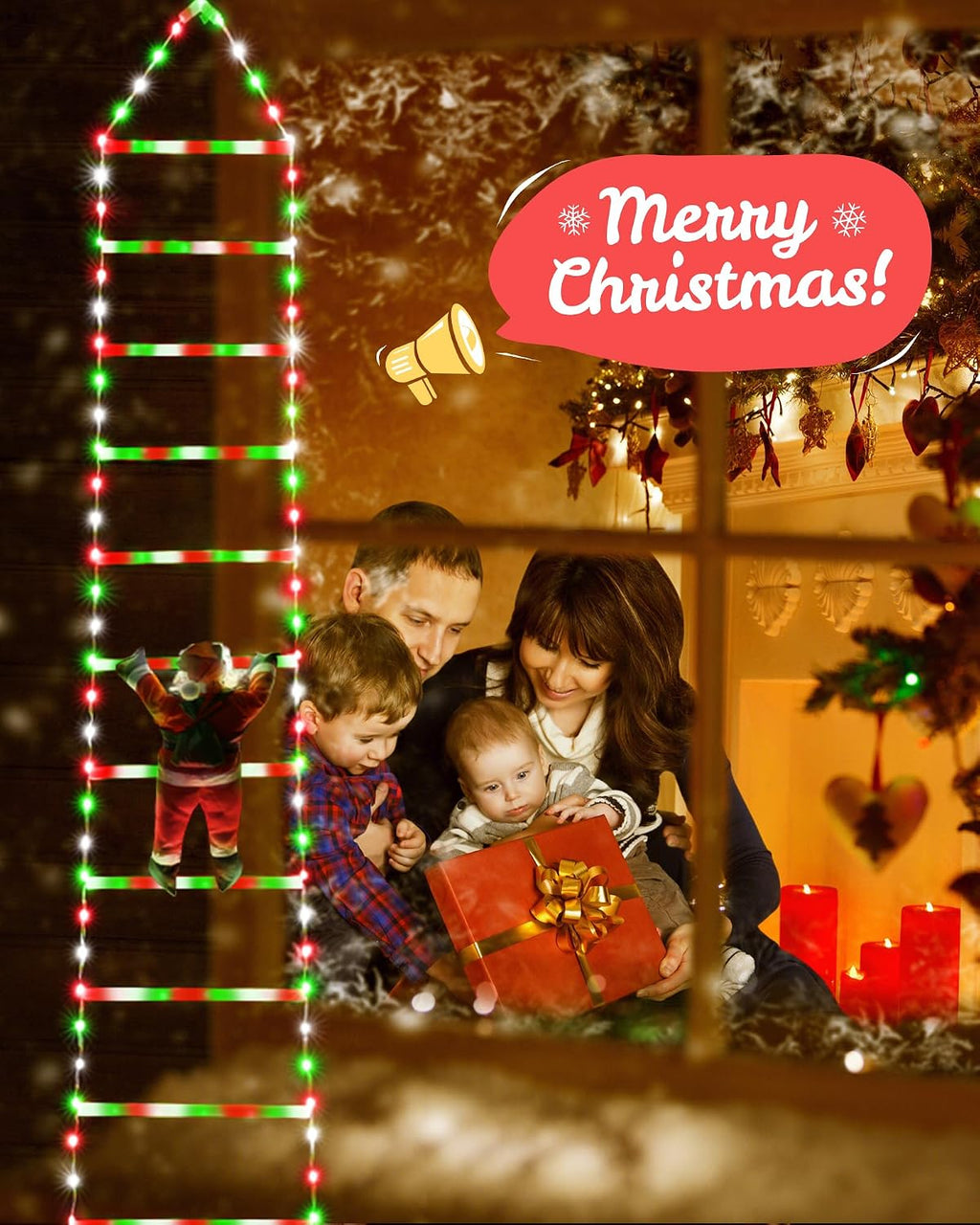 Toodour LED Christmas Lights - 10ft Christmas Decorative Ladder Lights with Santa Claus, Xmas Decorations Light for Indoor Outdoor, Window, Garden, Home, Wall, Xmas Tree Decor - Red White & Green