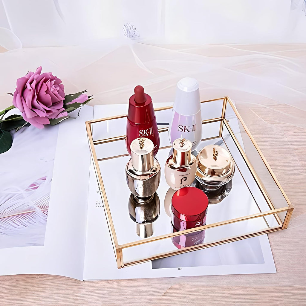 Sooyee Gold Square Mirror Tray, 8"x8" Metal and Glass Decorative Tray for Jewelry, Perfume, Makeup, Vanity, Dresser, Bathroom, Bedroom, Office, Coffee Table
