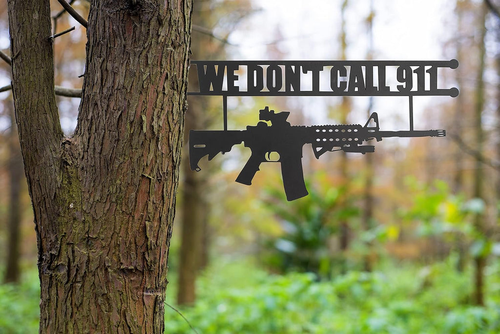 No Trespassing Sign "You're In Range" Metal Wall Tree Hanger Decor – Outdoor Indoor Gun Owners "We Don't Call 911" Monogram Display – Heavy Duty Steel Security Warning – Home Protection – 12.5" Tall