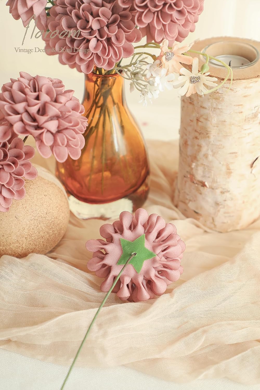 Floroom Artificial Dahlia Flowers 25pcs Real Looking Dusty Rose Foam Fake Roses with Stems for DIY Wedding Bouquets Bridal Shower Centerpieces Floral Arrangements Party Tables Home Decoration