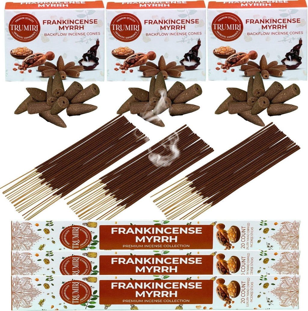 TRUMIRI Frankincense Myrrh Scented Incense Sticks & Backflow Incense Cones for Waterfall Combo Pack - 60 Insence-Sticks + 30 Backflow Cones - Insents - Incense Waterfall Cones - Inscense