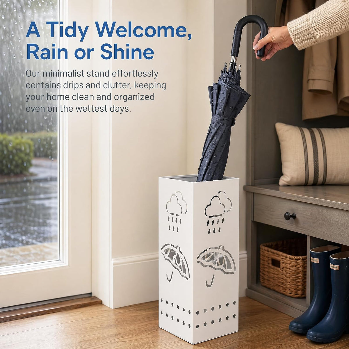 BEWBBAT Metal Umbrella Stand for Entryway, 6 x 6 x 17 Inch White Square Umbrella Organizer Bin, Free Standing Umbrella Holder,Walking Sticks, Home Office Decor