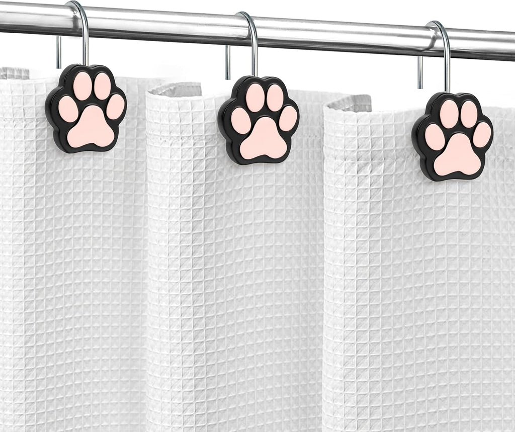 Sunlit Cute Paw Print Decorative Shower Curtain Hooks for Dog Cat Bear, Resin, Lovely Shower Curtain Rings for Kids, Bathroom Decoration Curtain Hangers, 12 Pack, Black & Pink