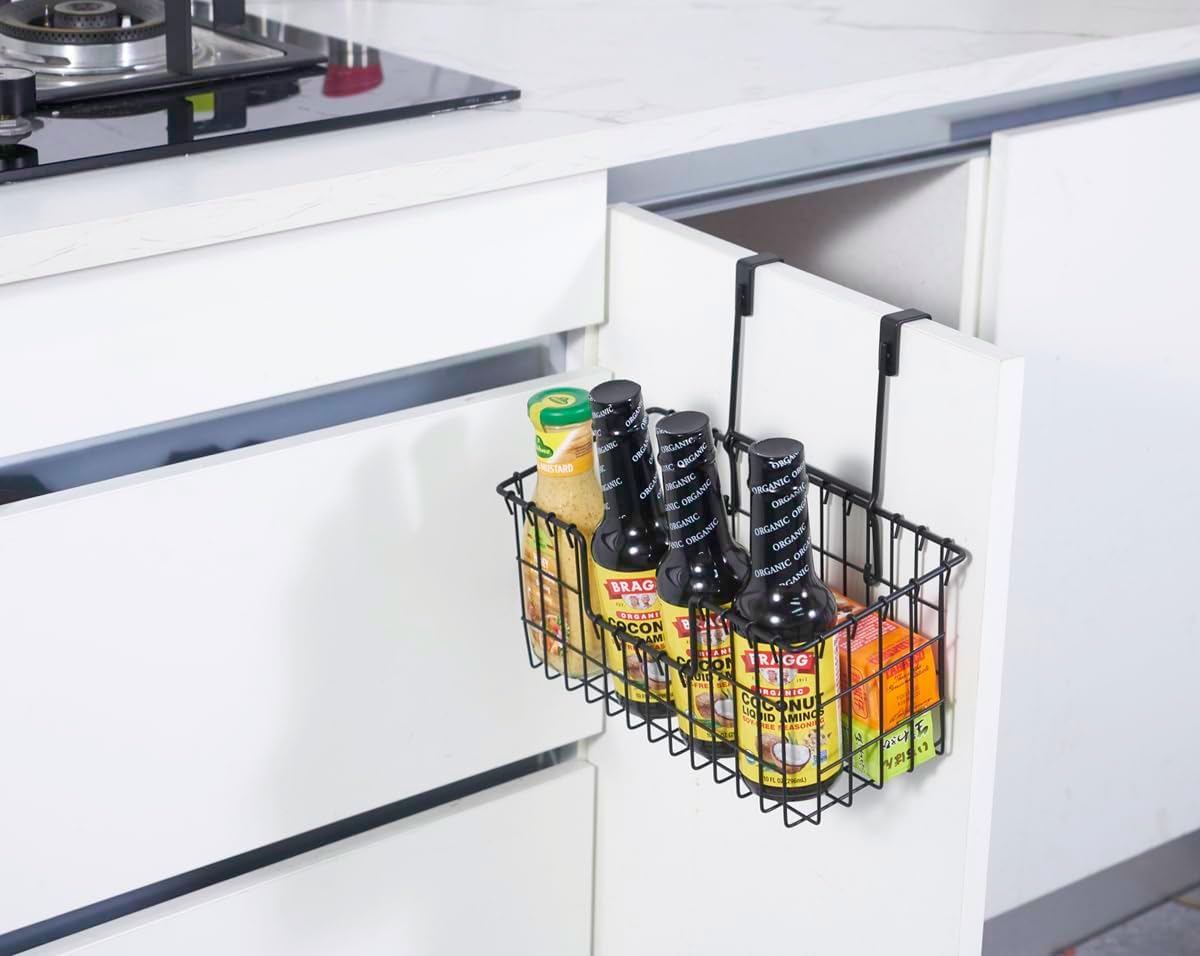 JUNCHU CHERRY Wire Storage Basket 2 Packs, Wall Mounted Kitchen Bathroom, Hanging Cabinet Door Storage Basket, no Drilling, Supporting 2 Types of Hooks, Strong Bearing, Suitable for Home, Black