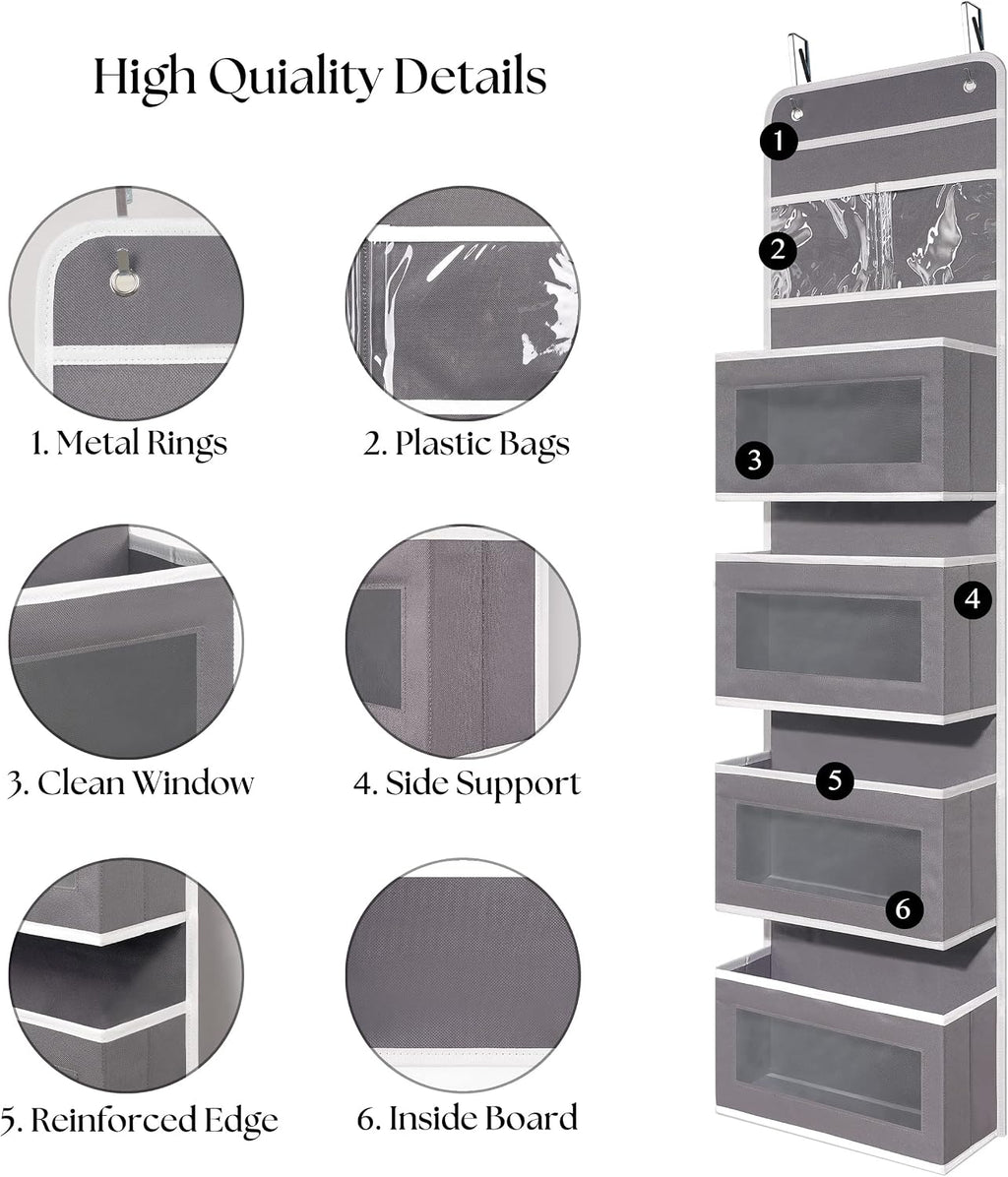 GCreation Over Door Organizer for Bedroom Bathroom Pantry, 5 Shelf Gray