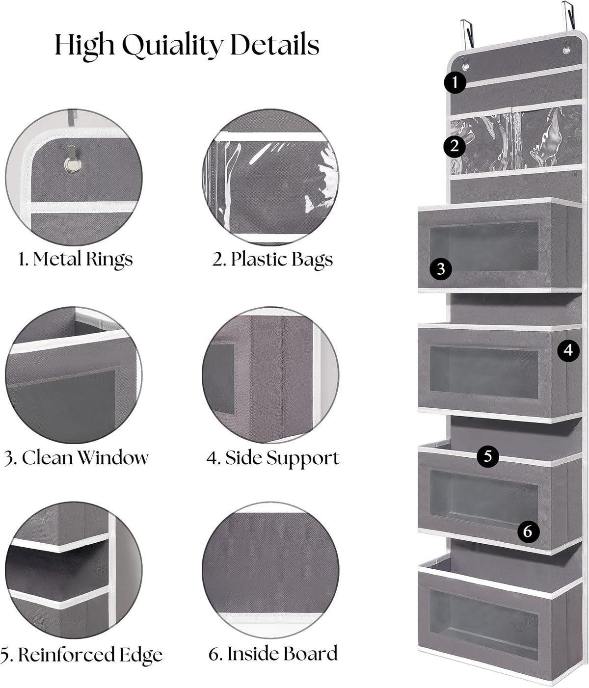 GCreation Over Door Organizer for Bedroom Bathroom Pantry, 5 Shelf Gray