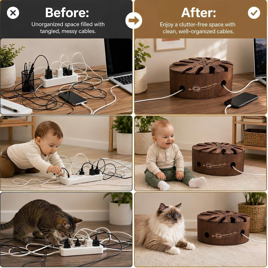 Acacia Wood Cable Management Box, Wooden Hider & Organizer for Power Strip