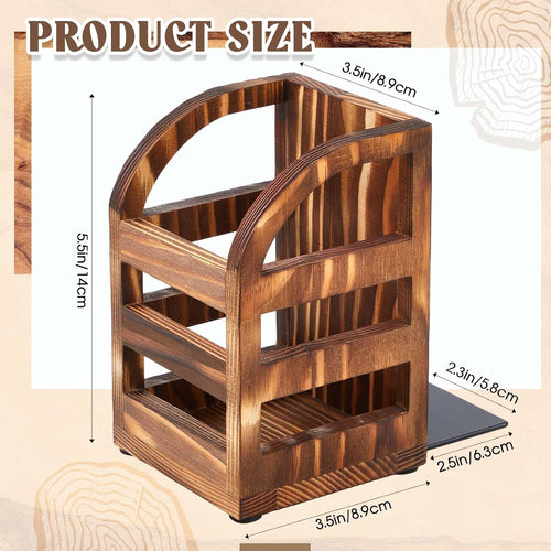 1 Pair 2 in 1 Rustic Burnt Wooden Bookend with Coated Metal Desk Supply Holds Non Skid Desktop Book Ends Pen Holder Pencil Cup Stationery Storage Bins Book Stopper for Home Office Dorm Room