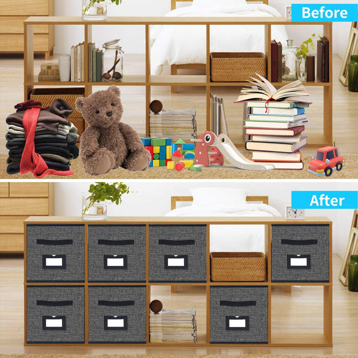 Onlyeasy Extra Large Foldable Cloth Storage Cubes 4 Pack with Label Holders - Fabric Storage Bins Baskets Organizers for Home Office Nursery with Handles, 13 L x 15 W x 13 H Inch, Black, MXABXL04PLP