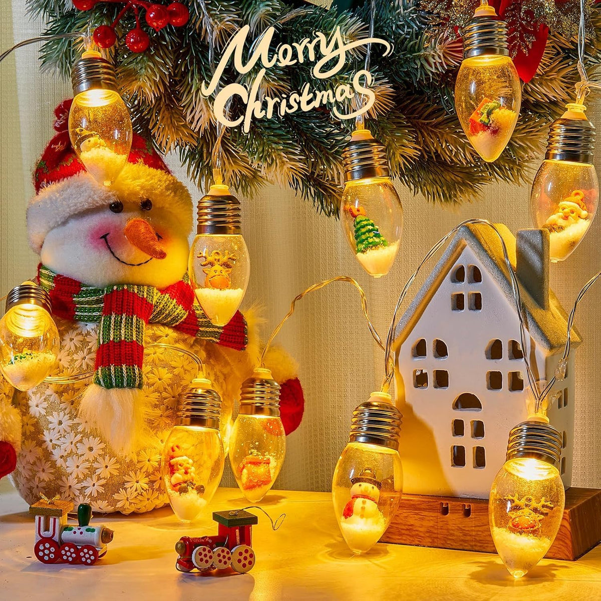 Brightown Indoor Christmas Lights, 7.5FT Battery Powered String with Santa, Gifts and Adorable Ornaments Inside Snow Globes, Ideal for Tree, Party, Garland Decor
