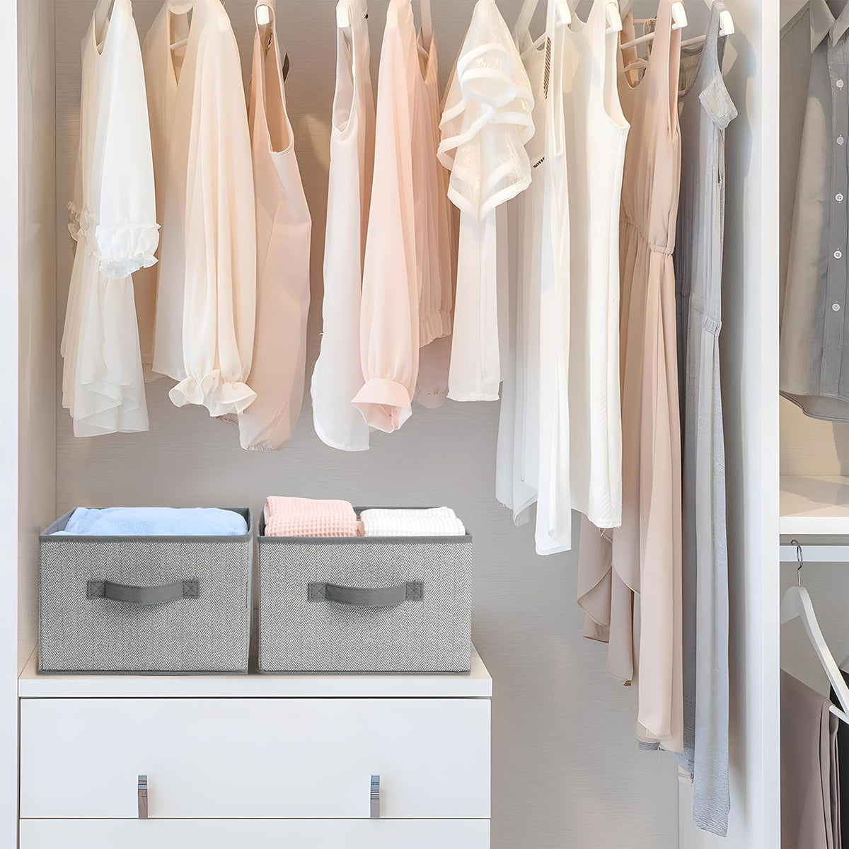 11 inch Storage Baskets, Woven Fabric Bins, Storage Cubes with Reinforced Handles, Organizer Bins for Closet Shelves, Foldable, for Clothes (Gray, 3PCS/11*11*7.8inch)