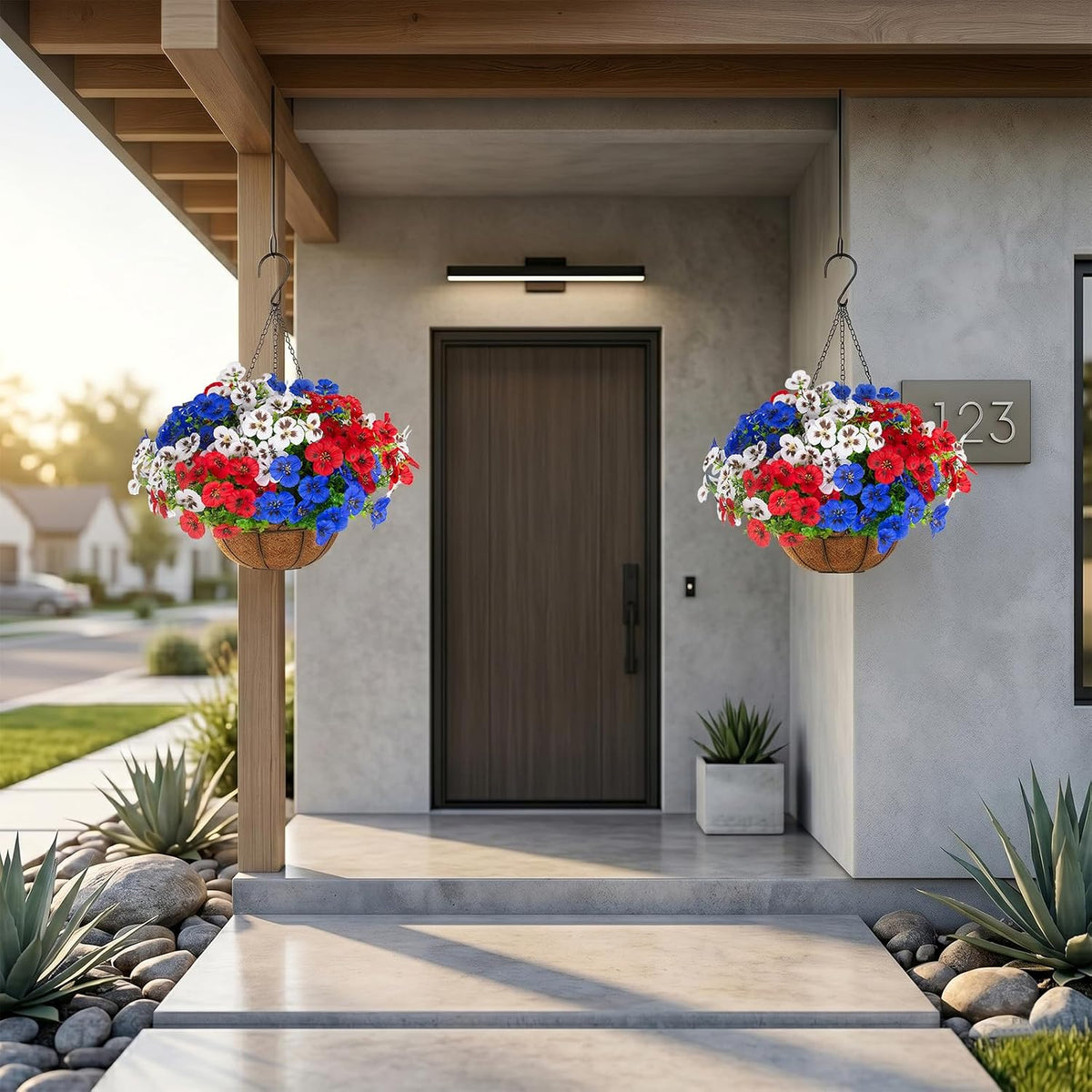 lovemoon 2 Sets Artificial Hanging Pansies Flowers with Baskets, 24 Pcs Faux Patriotic Silk Pansy Outdoor Flower for Porch Patio Garden Home Summer 4th of July Decor (2, RedWhiteBlue)