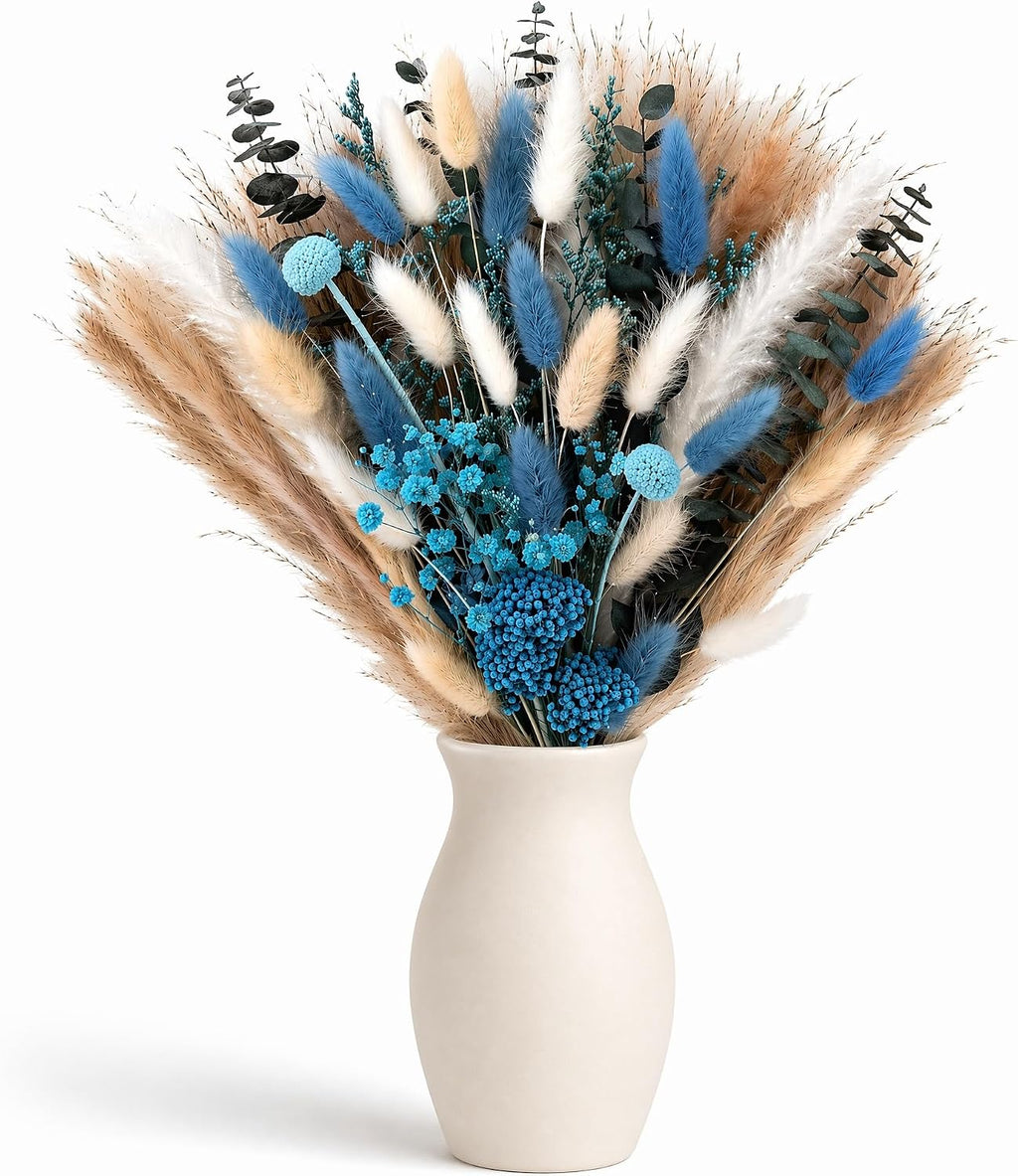 Umero Blue Pampas Grass Bouquet - 17in Dried Flower for Vase Boho Decor