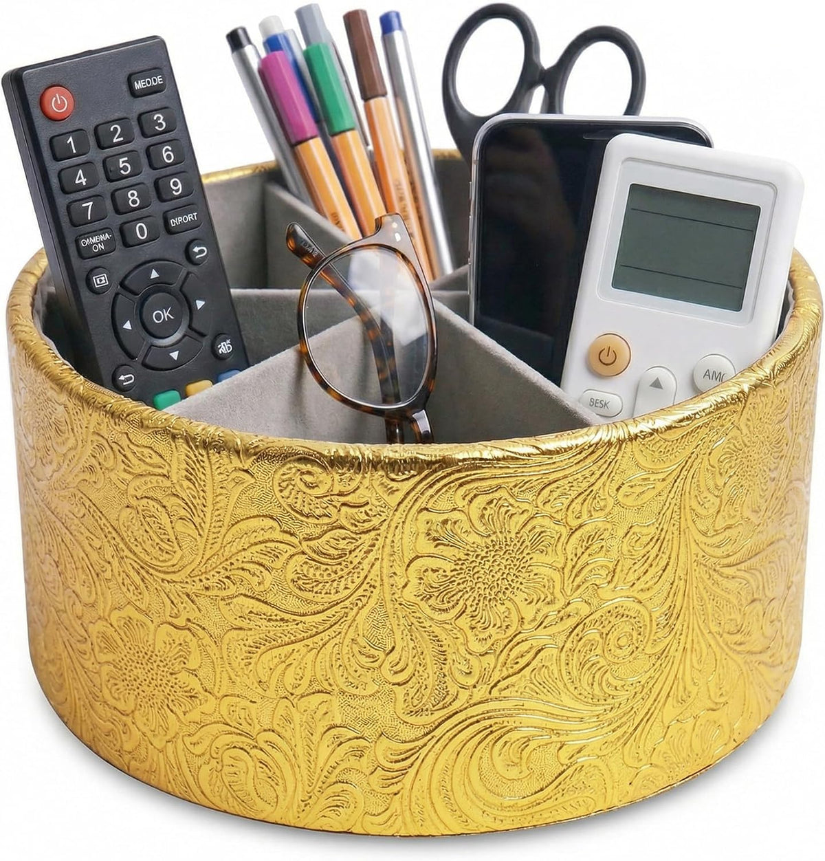 lizimandu Remote Control Holder, 360°Spinning PU Leather Desk TV Remote Caddy,Desk Storage Box Room Accessories for Controller, Media,Mail,Calculator, Mobile Phone,Pencil(1B-Carved5 Gold)