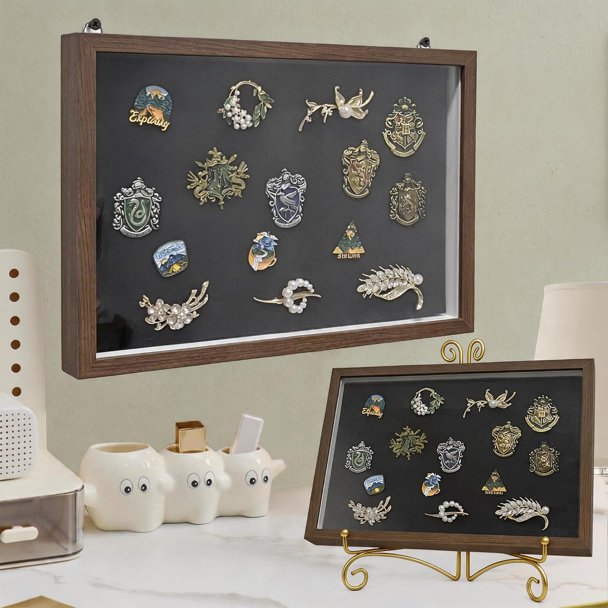 Pin Display Case with Gold Stand for Medal & Jewelry Pin Collection – Wall-Mounted or Desktop Shadow Box with Sliding Acrylic Door, 12.6 x 8.7 x 1.26 inches, Brown Wood Frame