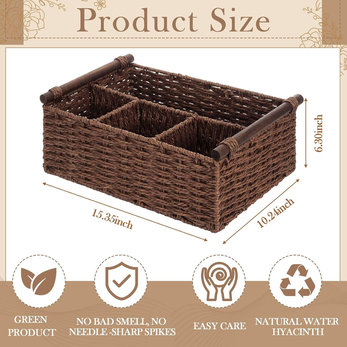 Remerry Brown Bathroom Countertop Organizer Caddy, Wicker-like Divided Basket with Handle and Metal Frame, 4 Compartment, Paper Rope Storage Organizer for Vanity Kitchen (15.35 x 10.24 x 6.3 in)