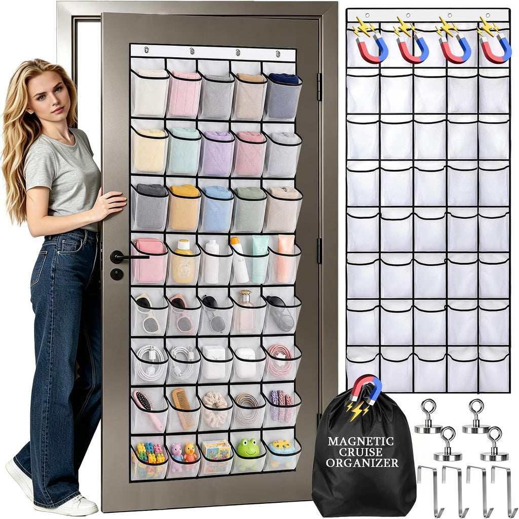 Cruise Ship Magnetic Door Organizer, 40 Pockets Over The Door Cruise Cabin Storage Shoe Rack with and 4 Strong Anti Scratch Magnets Carry Bag for 2026 Cruise Essentials Travel Organization