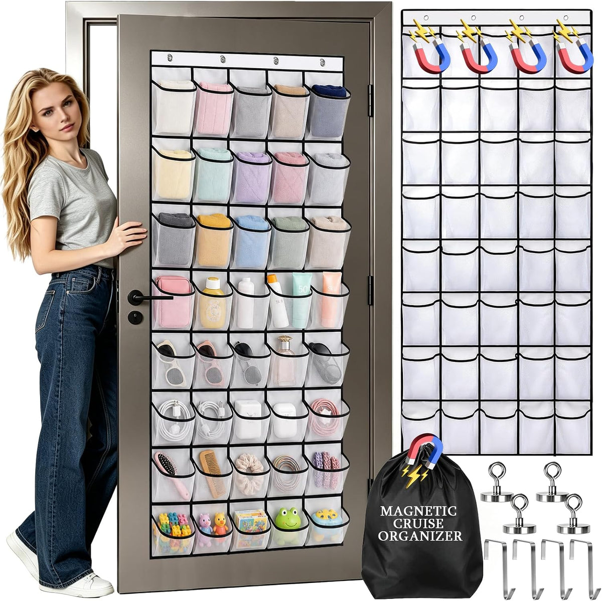 Cruise Ship Magnetic Door Organizer, 40 Pockets Over The Door Cruise Cabin Storage Shoe Rack with and 4 Strong Anti Scratch Magnets Carry Bag for 2026 Cruise Essentials Travel Organization