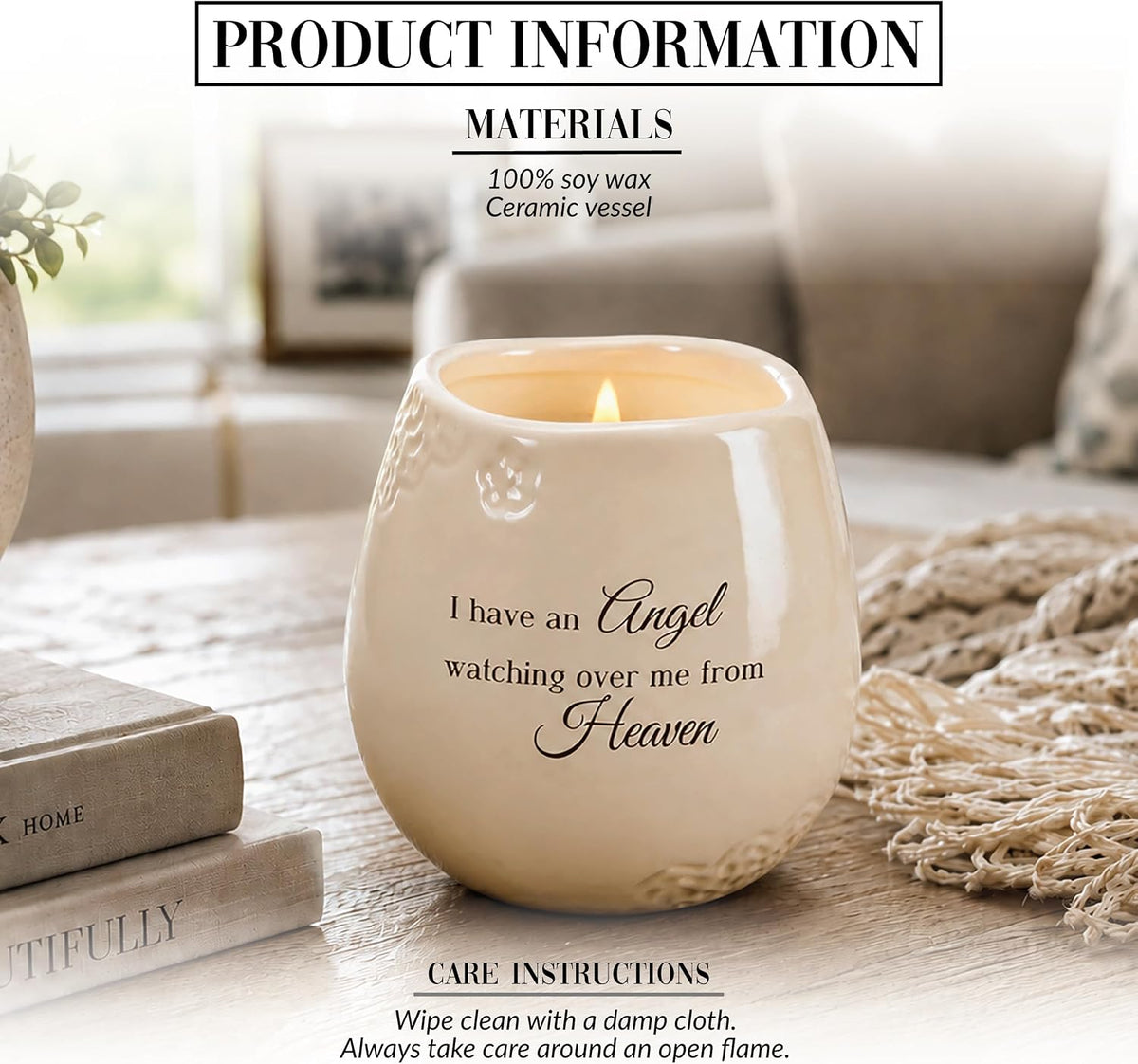 Pavilion Light Your Way Memorial Ceramic Vessel - 100% Soy Wax Candle with "I Have an Angel Watching Over Me From Heaven" Text, Decorative Soy Filled Candle, Scent of Tranquility, 8 oz, White