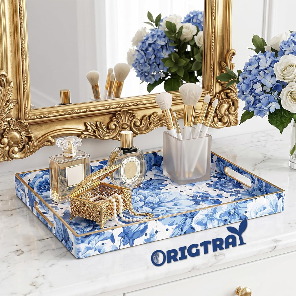 Serving Tray with Handles, Rectangular Plastic Tray 15.75x11.81 Inch, Decorative Tray for Kitchen, Dining Table, Vanity, Office & Home (Blue Peony, 15.8" x 11.8" x 1.6")