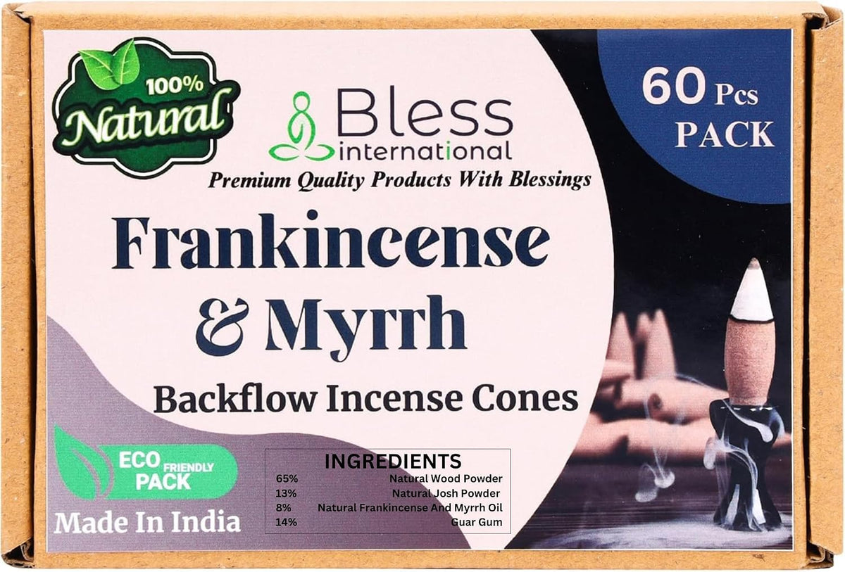Bless-International Frankincense-and-Myrrh-100%-Natural-Incense-Backflow-Cones-for-Waterfall Handmade-Organic-Chemicals-Free for-Purification-Relaxation-Positivity-Meditation The-Best-scents-60-Count