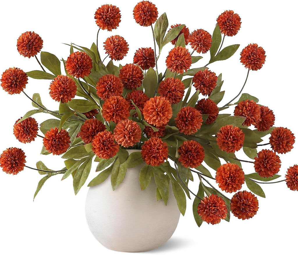 6Pcs 27"Artificial Fall Pompon Mum Stems Silk Flower for Vase Decor(Orange)