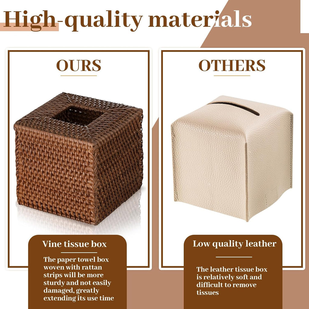 Kigley 2 Pcs Square Rattan Tissue Box Cover Boho Wicker Tissue Cube Box Cover 5.5'' x 5.5'' x 5.5'' Decorative Natural Wicker Hand Woven Napkin Box Holder Bathroom Office Car Accessories (Brown)